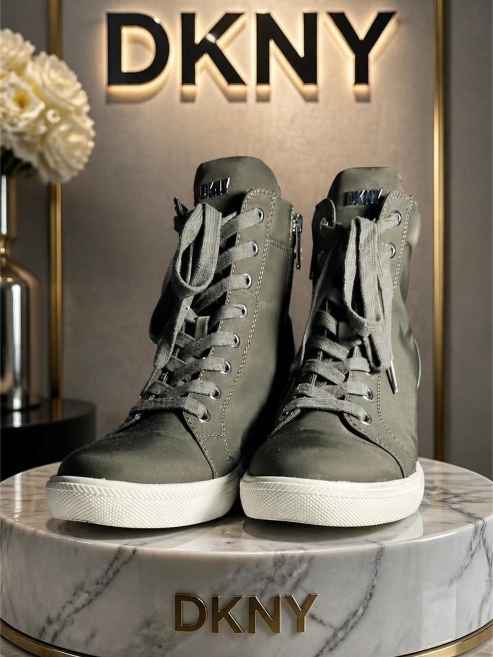 DKNY Calz Olive Lace-Up Hidden-Wedge High-Top Sneakers